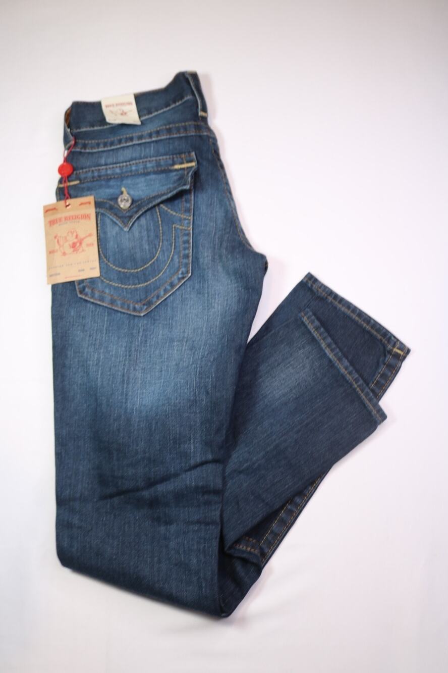 NWT True Religion Section Slim Flap Jeans 28x34 Lost Lagoon Old Multi Stitch